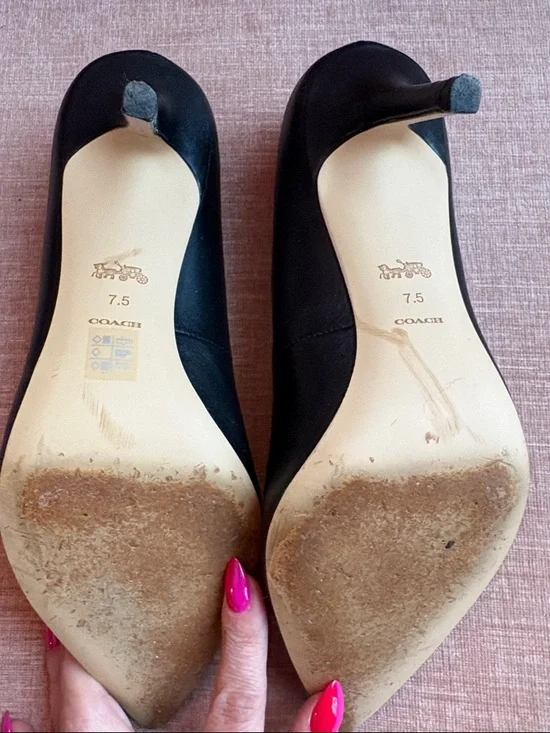 Coach Black Pointed-Toe Leather Heels with Gold Logo Ring - Picture 5 of 6